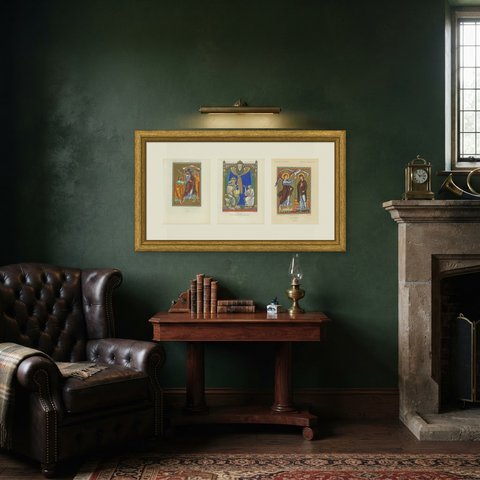 Three Twelfth Century Miniatures of the Burgundian Library, 1849, shown framed in a room