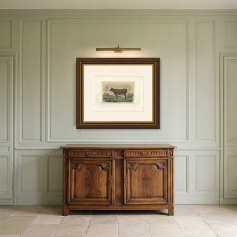 Flemish Cow, Antique French Cattle Print, Riffaut Heliogravure, 1873, shown framed in a room