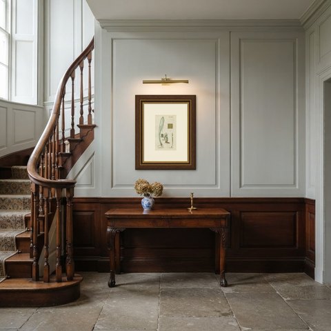 Original Antique Hand-Colored Fern Engraving, Vittaria lineata, 1806-1809, shown framed in a room