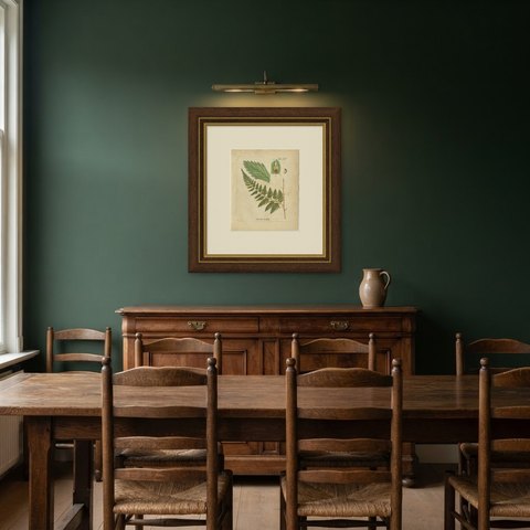 Decorative 19th Century Hand-Colored Fern Print, Davallia bidentata, 1806-1809, shown framed in a room