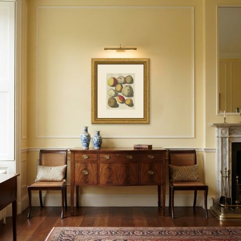 Antique Apple Engraving, Heer-Appel and Brand-Appel, Knoop, 1790, shown framed in a room
