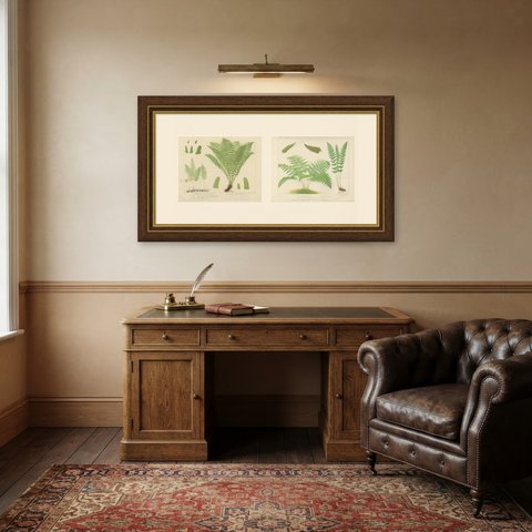 Pair of Antique Botanical Prints of Marsh and Buckler Ferns, circa 1885, shown framed in a room