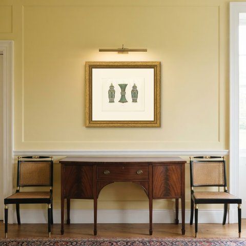 Two Hexagonal Covered Vases and a Square Beaker, Ming, Plate 1911, shown framed in a room