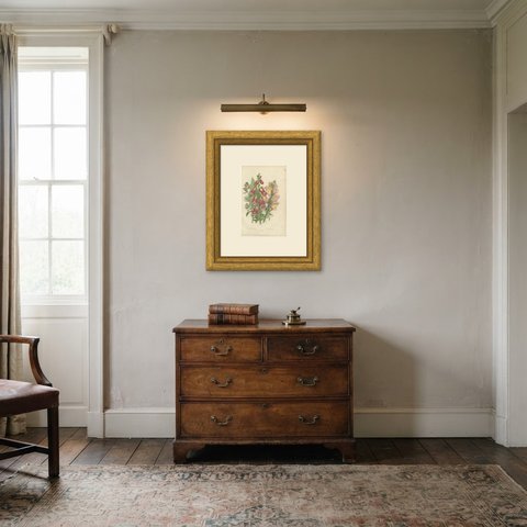 Purple Foxglove and Snapdragon, Antique Cottage Garden Print, circa 1873, shown framed in a room