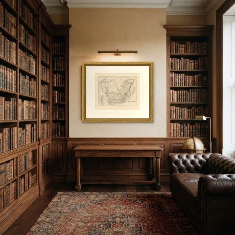 Antique Map of South Africa with the Peninsula of the Cape Inset, circa 1860, shown framed in a room