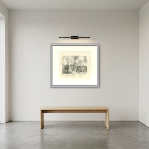 Morning of 18 Brumaire, the Paris Garrison, Antique Madou Lithograph, 1827, shown framed in a room