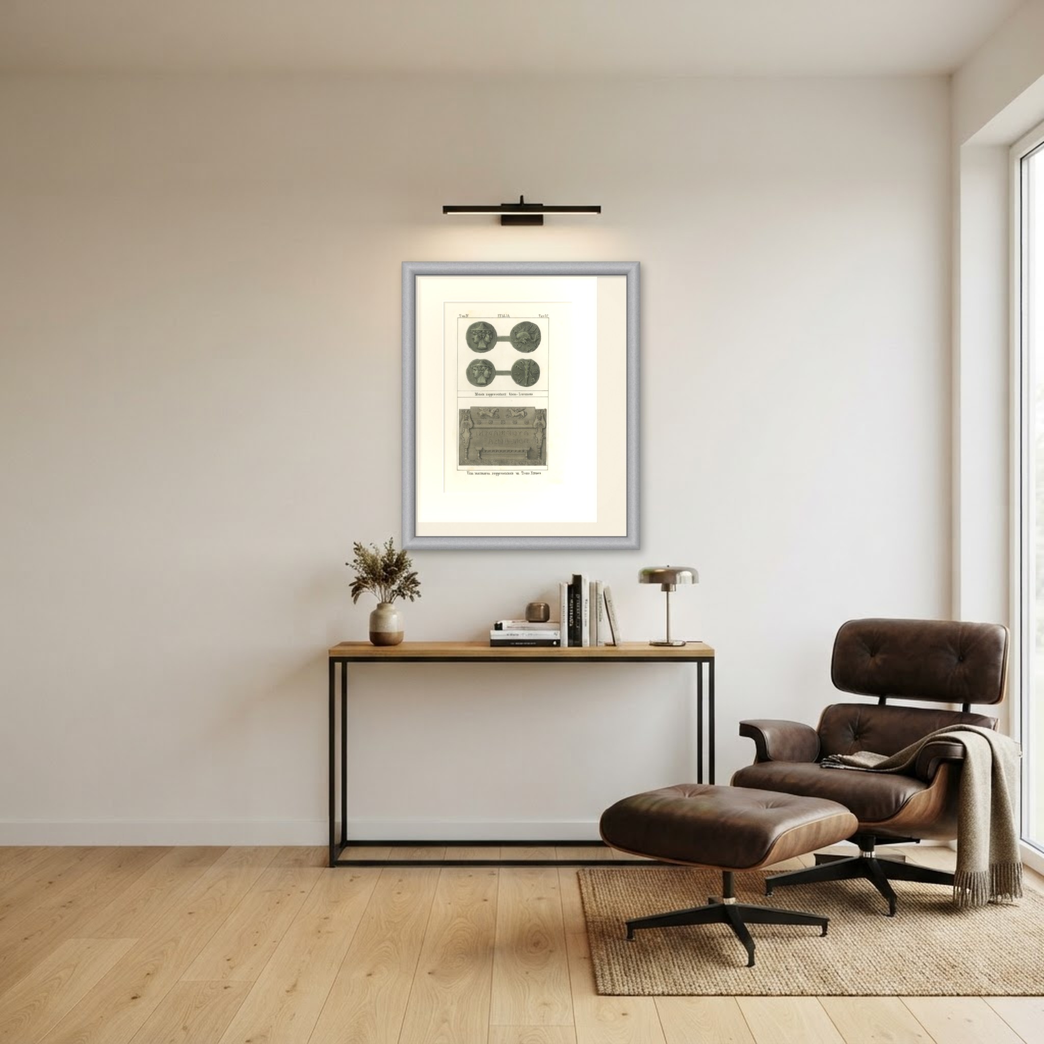 Etruscan Coins with Janus and a Marble Urn Carved as an Etruscan Throne, 1842, shown framed in a room