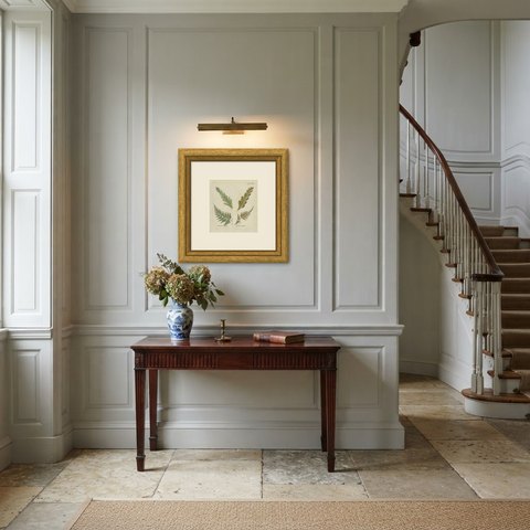 Antique Hand-Colored Fern Engraving by Schkuhr, Davallia elata, 1806-1809, shown framed in a room