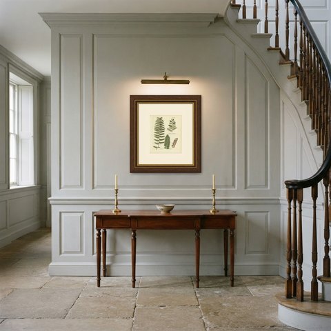 Elegant Antique Hand-Colored Botanical Fern Print, Sea Spleenwort, 1806-1809, shown framed in a room
