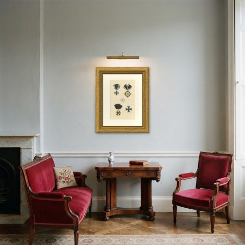 Orders of Prussia, Pour le Mérite Badge and Crosses, Plate LXI, 1844, shown framed in a room