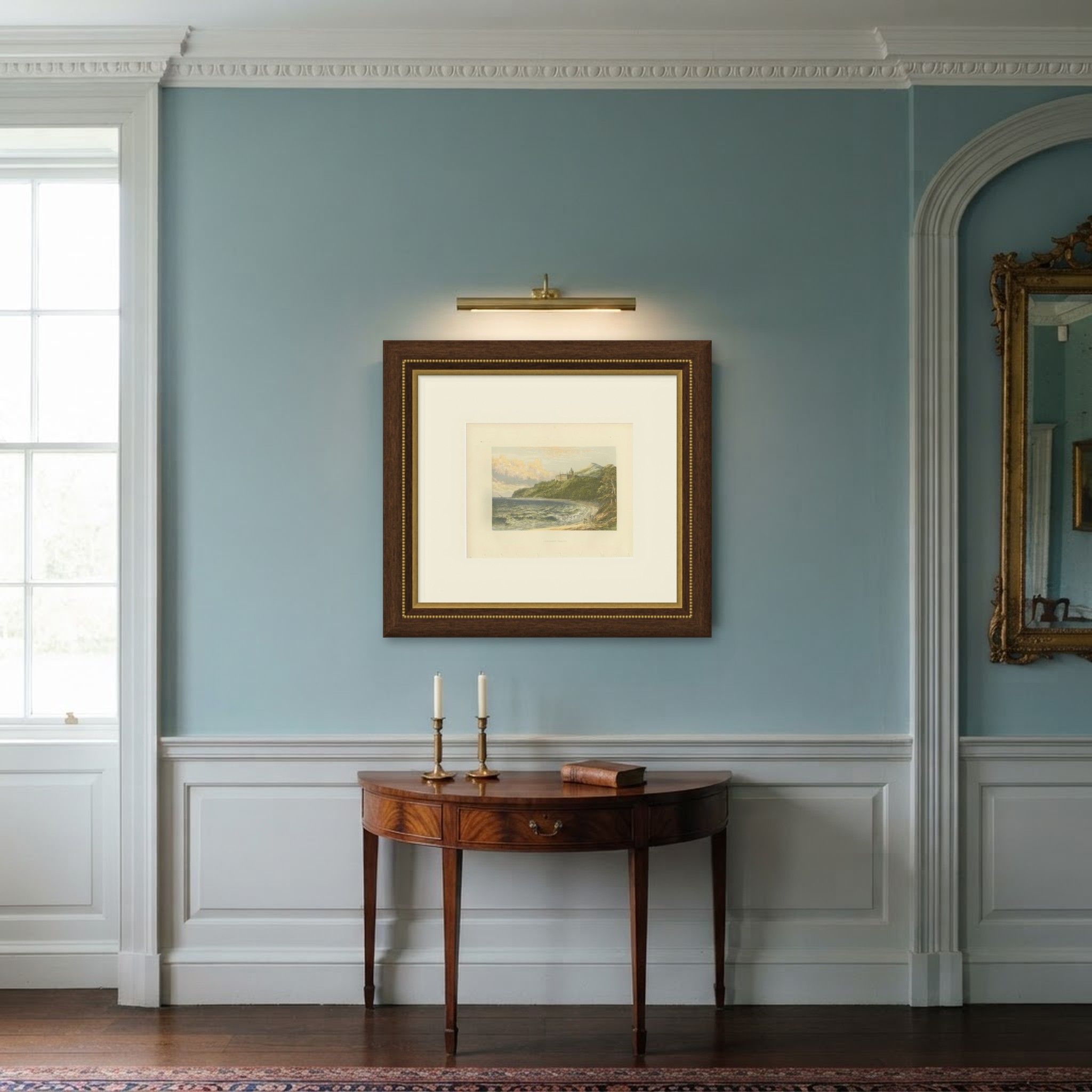 Dunrobin Castle, Sutherland, Antique Morris Woodblock Print, circa 1870, shown framed in a room
