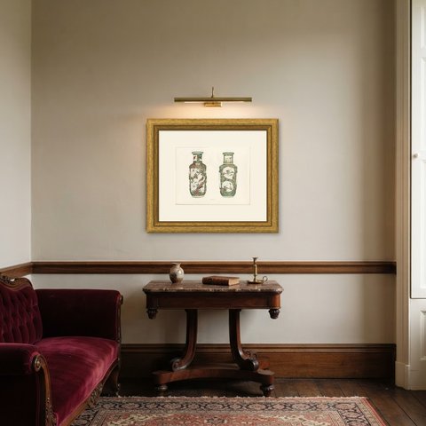 Two Famille Verte Cylindrical Vases with Shaped Panels, Antique Plate 1911, shown framed in a room