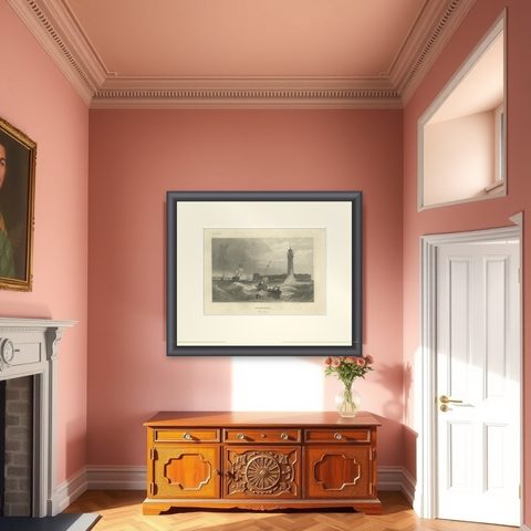 Black Rock New York Harbor Lighthouse, Antique Steel Engraving c.1850, shown framed in a room