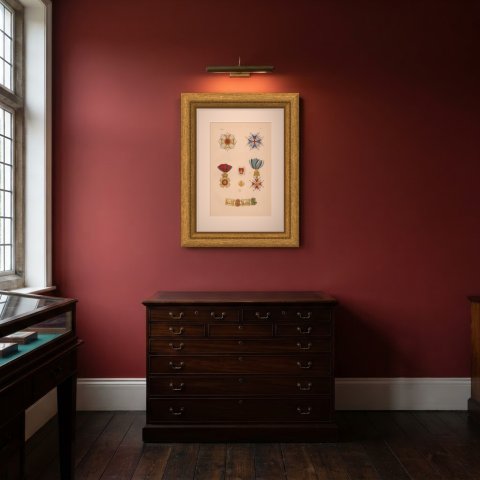 Orders of Bavaria, Saint Hubert Insignia, Plate IX, Wood Engraving, 1844, shown framed in a room