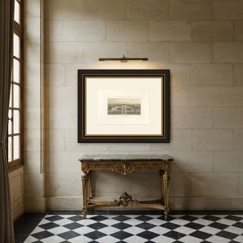 Rambouillet National Sheepfold, Main Court, Antique Print, 1873, shown framed in a room