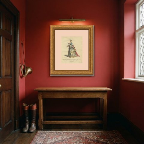 Mademoiselle de Chartres in 1700 in Court Dress, Jefferys Costume Plate, 1757, shown framed in a room