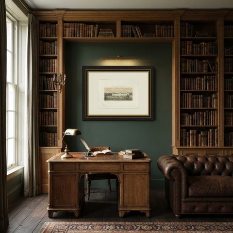 Grandjouan Agricultural School, Antique French School Print, 1873, shown framed in a room