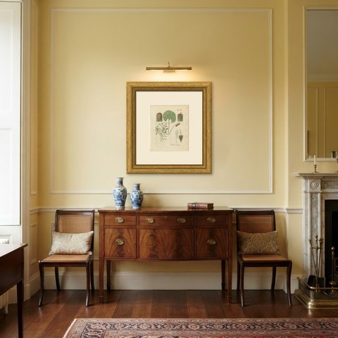 Decorative Hand-Colored Fern Engraving, Trichomanes pyxidiferum, 1806-1809, shown framed in a room