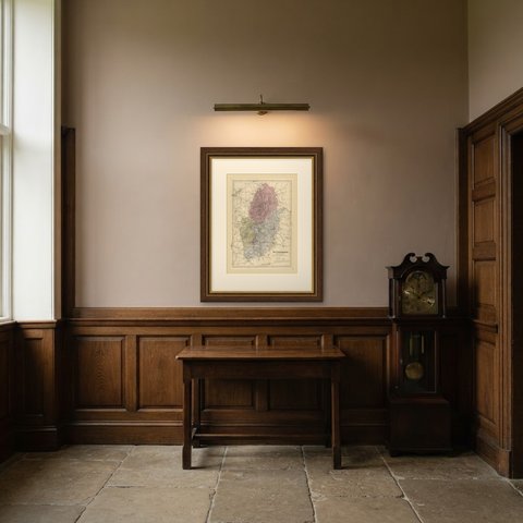 Antique Map of Nottinghamshire with Mansfield, Newark and Worksop, 1885, shown framed in a room