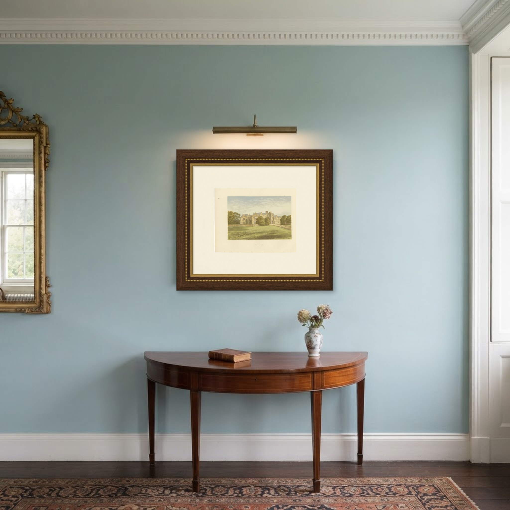 Wytham Abbey, Berkshire, Antique Morris Woodblock Print, circa 1870, shown framed in a room