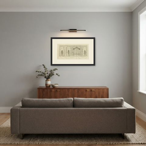 Hieroglyphs on a Black Granite Chest at Cairo, Antique Print, 1776, shown framed in a room