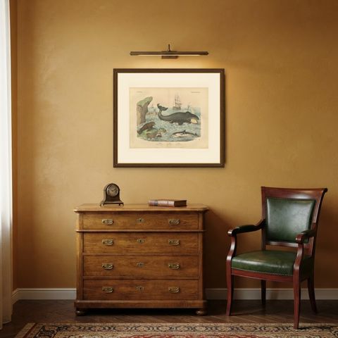 Antique Whaling Scene Print with Bowhead Whale, Dolphin and Sea Lion, circa 1890, shown framed in a room