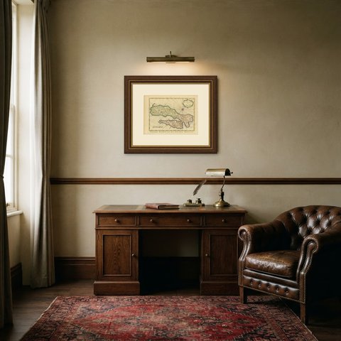 Map of Ambon Island with Chateau Victoria, Schley, circa 1753, shown framed in a room