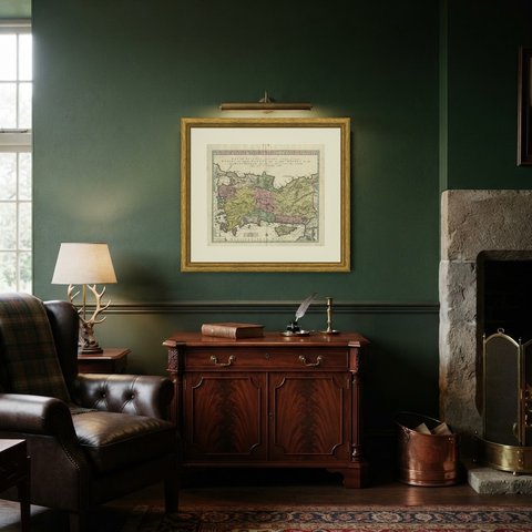 Antique Map of Asia Minor and Cyprus by Matthaeus Seutter, circa 1740, shown framed in a room