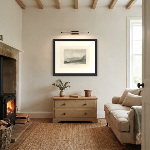 Antique View from Mount Carmel, Bay of Acre, Holy Land Engraving, circa 1850, shown framed in a room