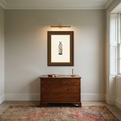 Tall Kang-he Vase with Feng Huang and Peonies, Gorer Plate 1911, shown framed in a room