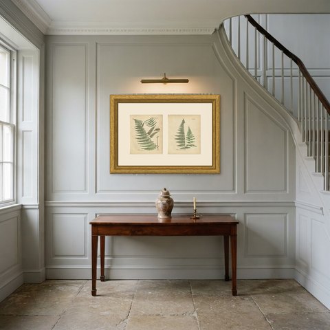 Set of 2 Elegant Antique Hand-Colored Fern Prints, Bracken, 1806-1809, shown framed in a room