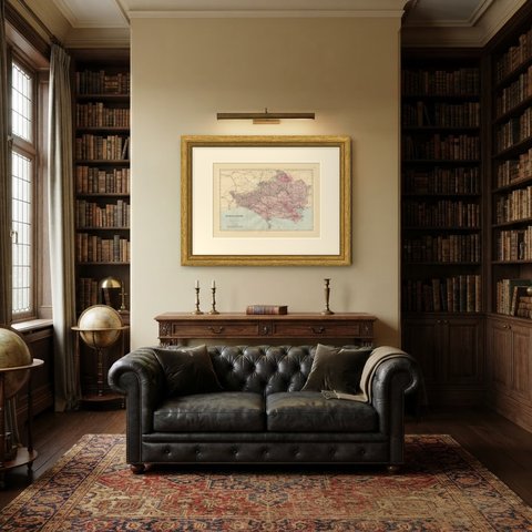 Decorative Antique Map of Dorsetshire and the English Channel Coast, 1885, shown framed in a room