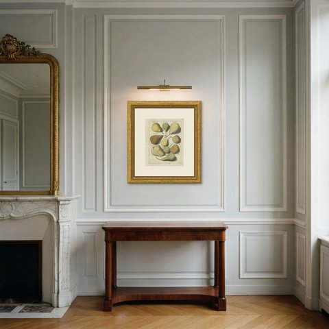 Sonder Sieltjes, the Seedless Pear, Antique Knoop Plate, 1790, shown framed in a room