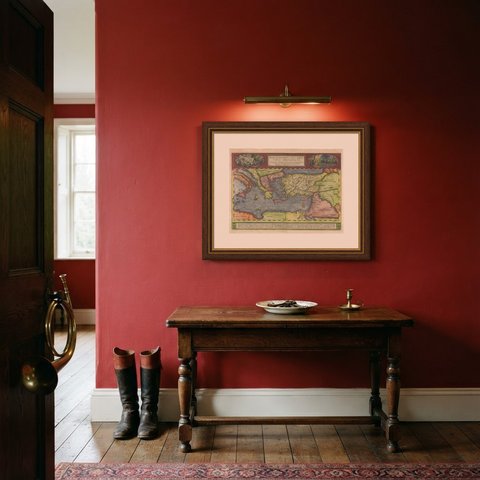 The Travels of Saint Paul, Antique Map by Abraham Ortelius, circa 1590, shown framed in a room