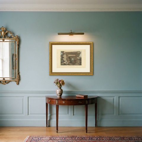 Temple of Jupiter Ammon, Hieroglyphic Interior, Antique Aquatint, 1810, shown framed in a room