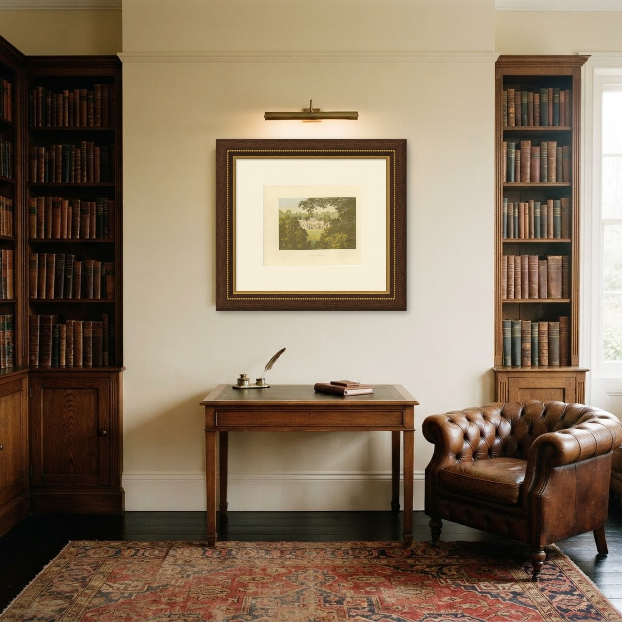 Hampton Court, Herefordshire, Antique Morris Woodblock Print, circa 1870, shown framed in a room