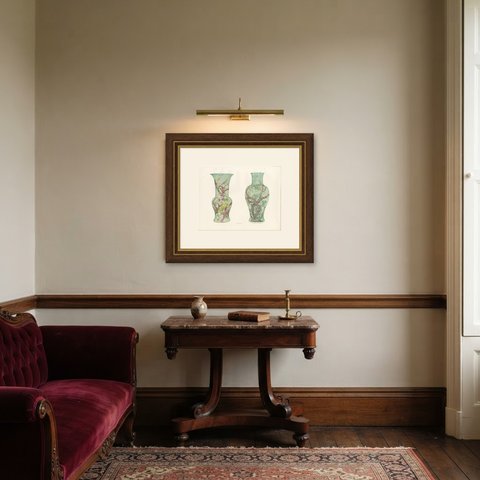 Green Ground Hawthorn Baluster and Beaker Vases, Antique Plate 1911, shown framed in a room
