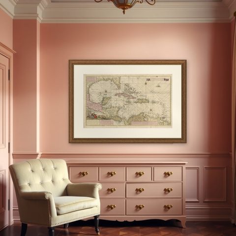 Engraving of a Map of Florida, the Gulf Coast, Caribbean & Central America, 1728, shown framed in a room