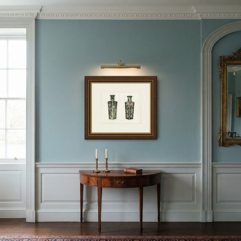 Two Famille Noire Square Bottles with Flowers of the Seasons, Plate 1911, shown framed in a room
