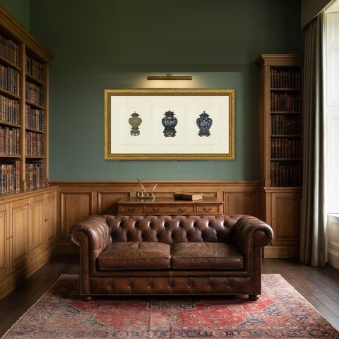 Great Ming Jars in Turquoise and Purple, Three Antique Plates, 1911, shown framed in a room