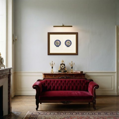 The Two Giant Powder-blue Saucer Dishes, Kang-he Pair of Plates, 1911, shown framed in a room