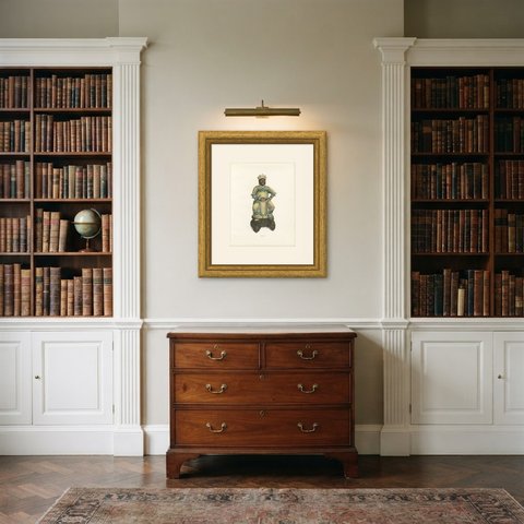 Vajrapani as Protector of Buddha, Ming Temple Figure, Antique Plate, 1911, shown framed in a room