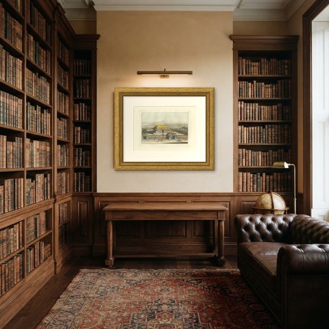 Antique View of a Chinese Hall with a Yellow Tiled Roof, Ferrario, 1815, shown framed in a room