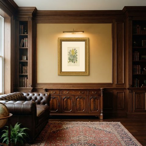 Yellow Toadflax with Peloria Flower Forms, Antique Botanical Plate, circa 1873, shown framed in a room