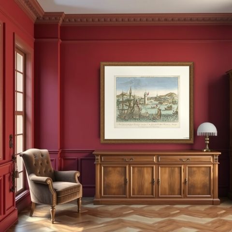 Hand-Colored Vue d’Optique of the Harbor of Havana, Cuba, circa 1770, shown framed in a room