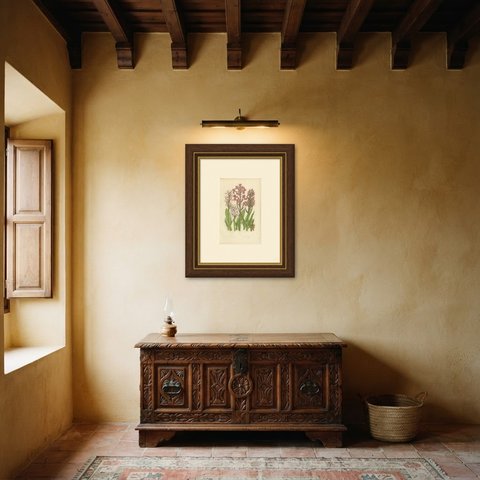 Military and Monkey Orchis, Antique British Orchid Print, Pratt, circa 1873, shown framed in a room