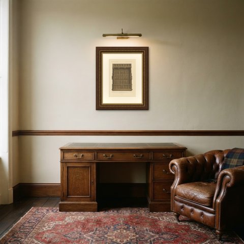 Royal Abbey Refectory Bench, Musée de Cluny, Antique Print, 1851, shown framed in a room