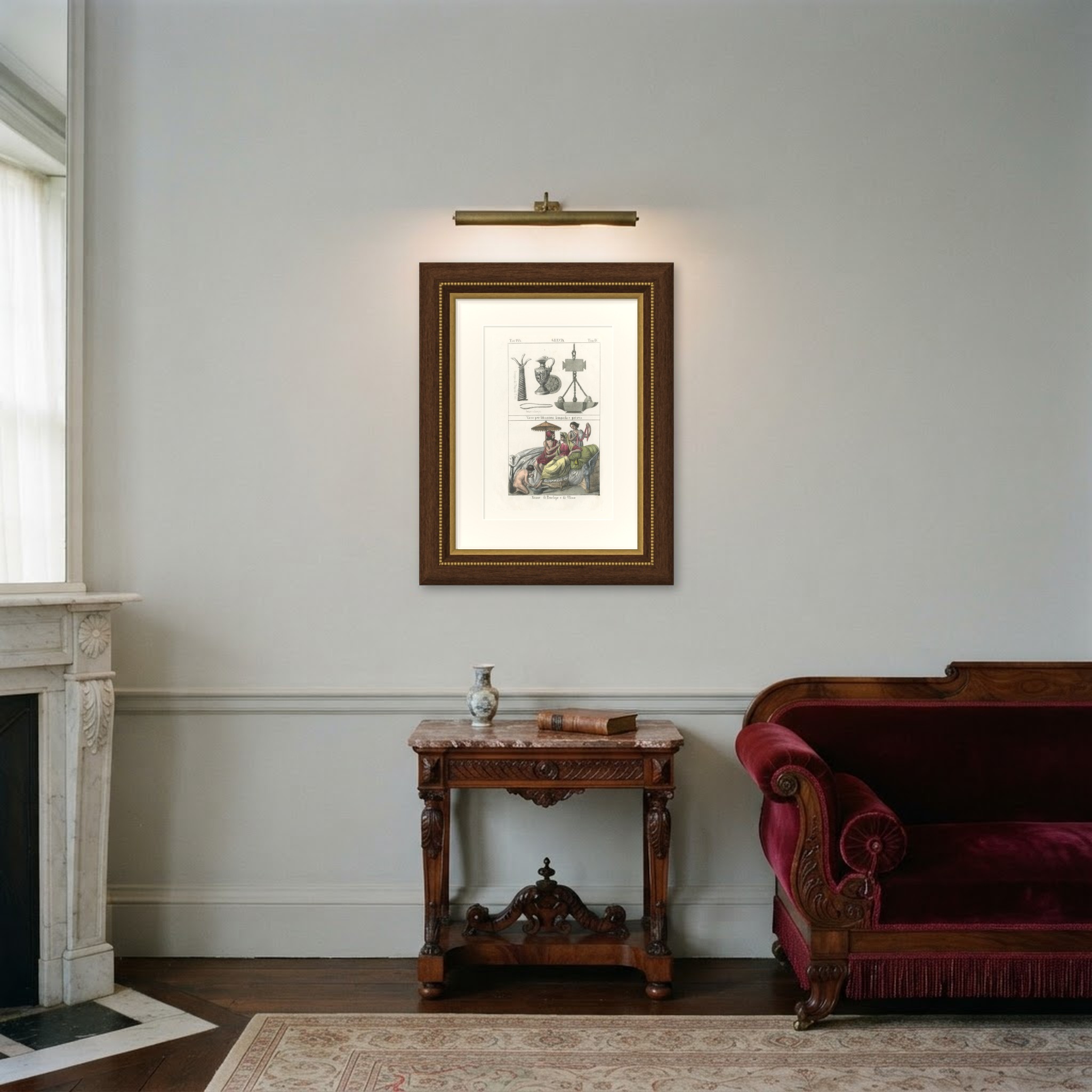 Greek Libation Vessel, Lamp and Patera with the Wedding of Penelope, 1842, shown framed in a room