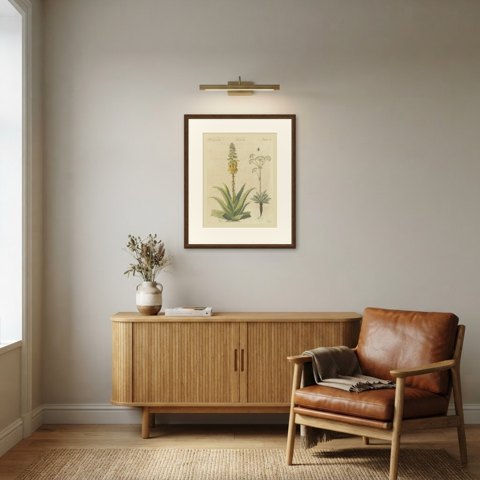 Flowering Aloe with Umbellifer, Antique Bertuch Print, circa 1805, shown framed in a room