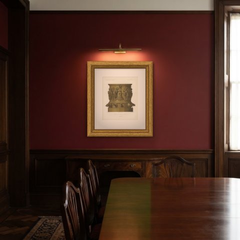 Baptismal Font at Liège, Antique Chromolithograph, Lacroix, 1851, shown framed in a room